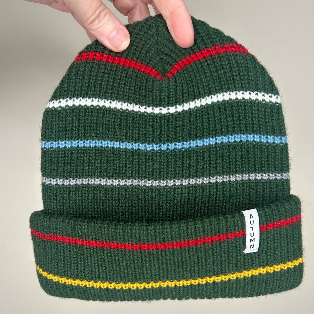 Autumn Winter Beanie Green Multi-Color Stripes One Size Like New